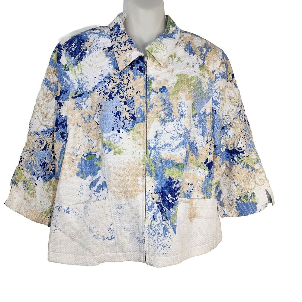 Coldwater Creek Womens Jacket Size P16 Watercolor Embroidered Full Zip Lined